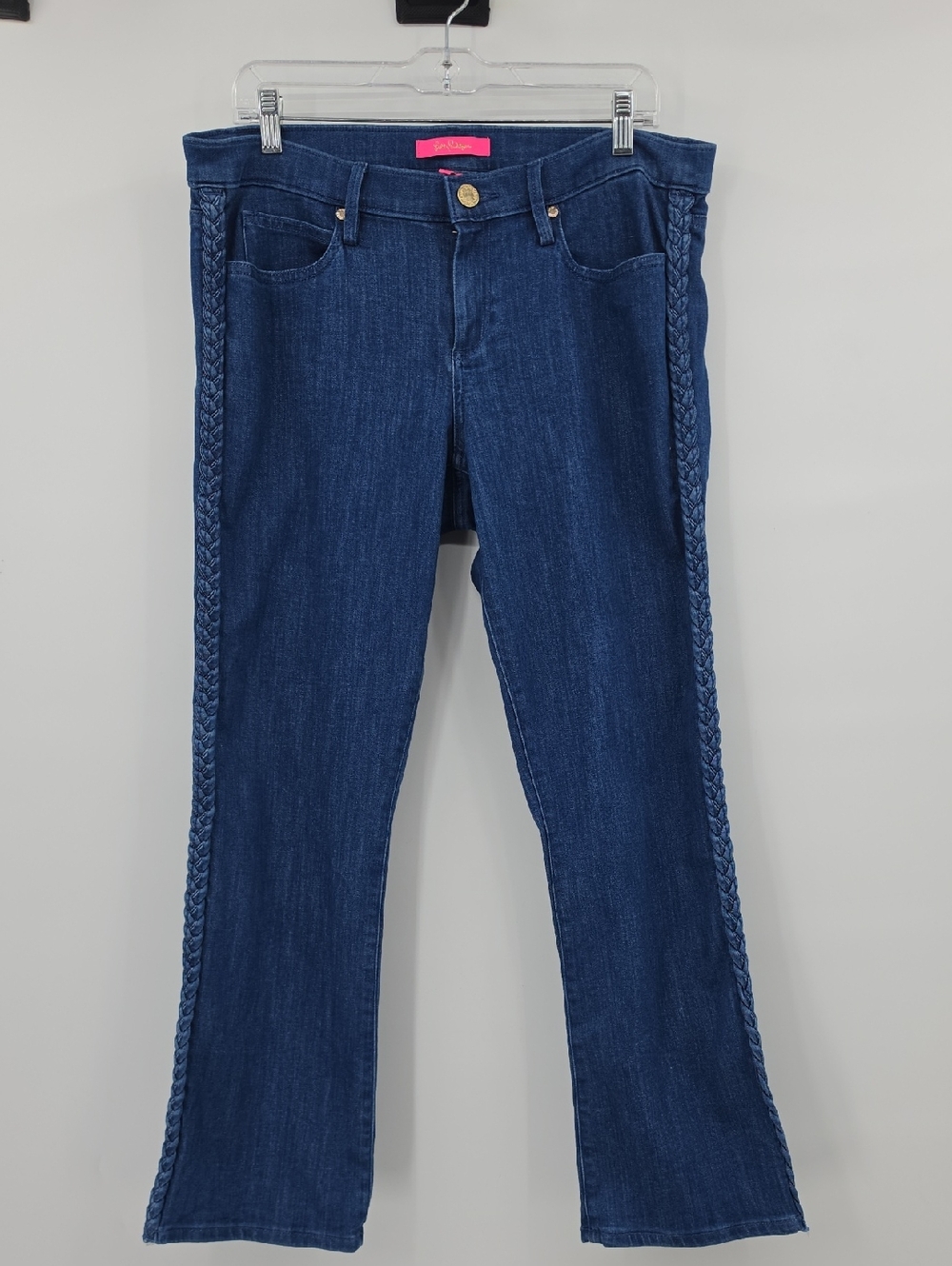 Lilly Pulitzer South Ocean Crop Flare Denim Jeans 2 Leg Braid Bay Ave Wash 14